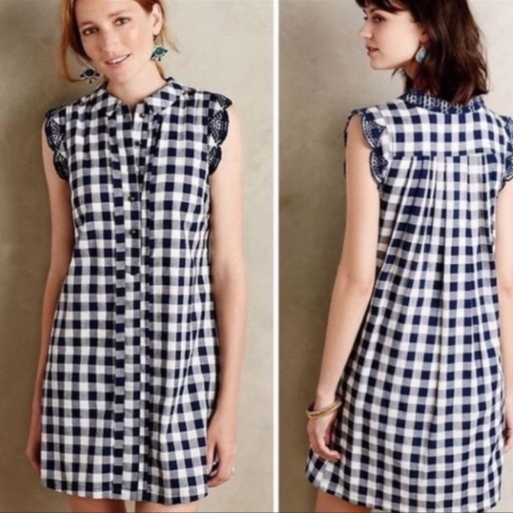 Dear Creatures Anthropologie Trinette Gingham Plaid Lace Dress Blue White Small